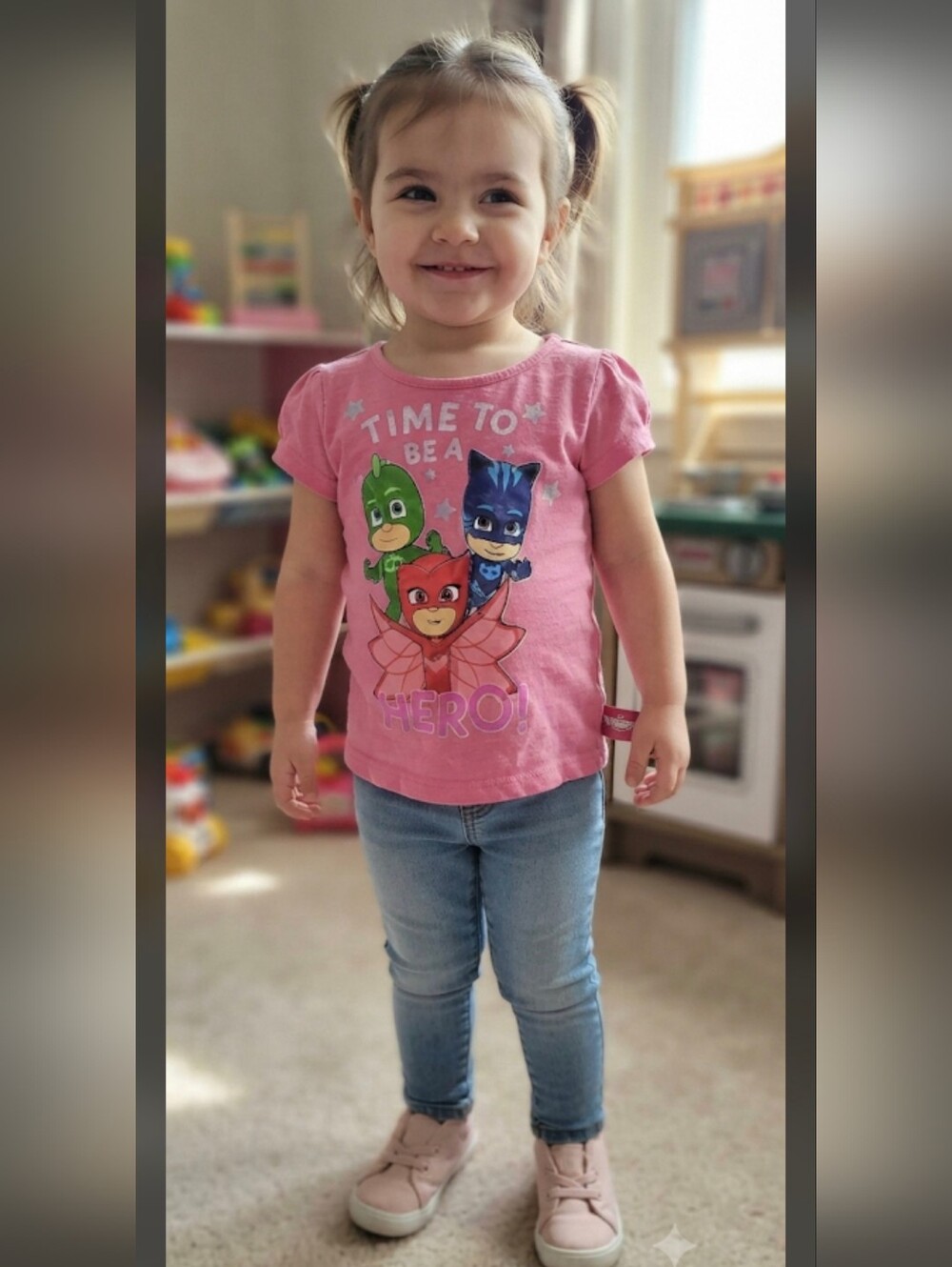 Girls PJ Masks Pink T-Shirt Size 5T Time To Be A Hero Graphic Tee Pink Toddler